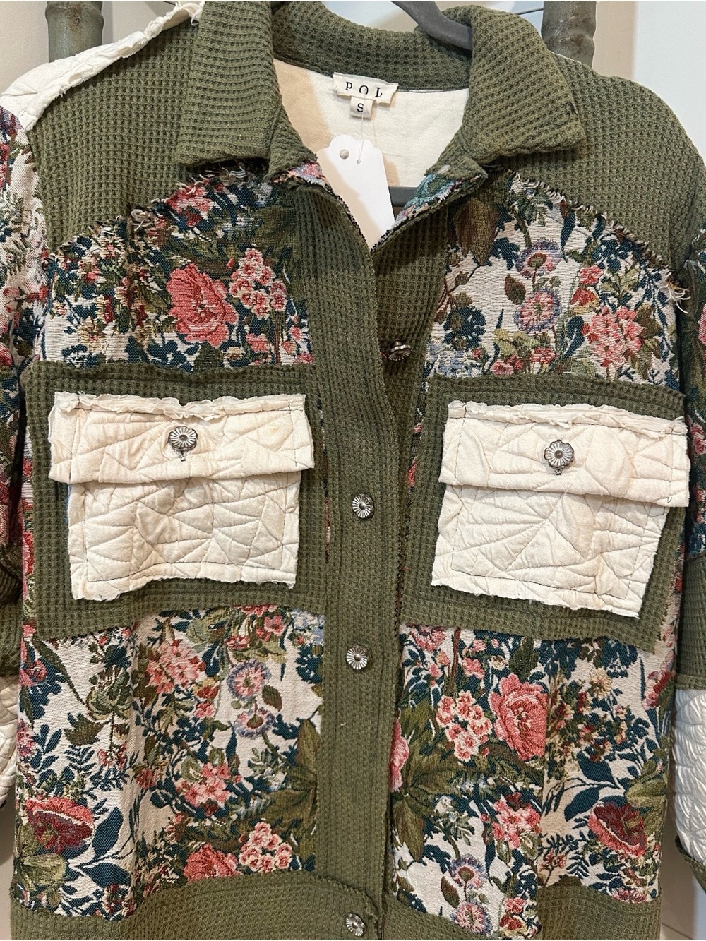 NEW POL: “The Fiona”Boho Floral Quilted Shacket in Olive and Cream - Picture 3 of 6